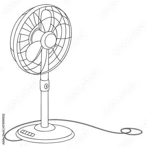 A simple black and white line drawing illustration of a modern electric desk fan with a round base adjustable stand and oscillating head perfect for cooling