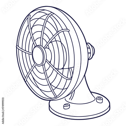 A simple clean line art illustration of a vintage desk fan with a round base and adjustable head perfect for retro design projects