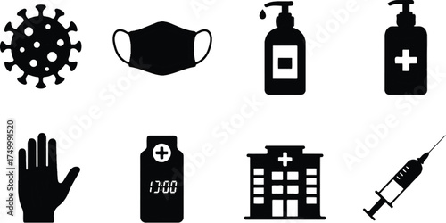 Six flat black silhouettes: virus cell, mask, sanitizer bottle, thermometer, hospital, vaccine syringe on white background.