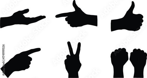 Six flat black silhouettes: hand, palm up, pointing hand, thumbs up, peace sign, clenched fist on white background.