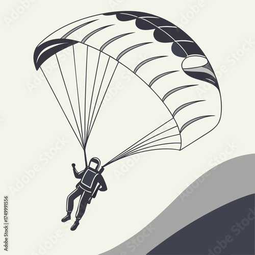 A stylized illustration of a skydiver descending with a parachute depicted in a minimalist graphic art style with clean lines and a limited color palette against a neutral background