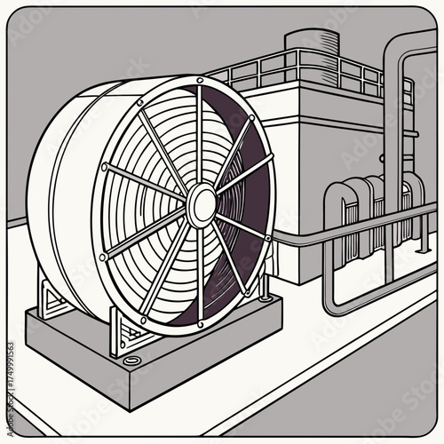 Industrial fan and cooling system with pipes and ventilation on a factory floor representing engineering and manufacturing processes