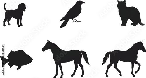 Six flat black silhouettes: dog, cat, bird, fish, horse, butterfly on white background.