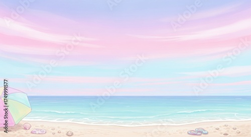 Pastel Dream Beach: Gentle Waves, Colorful Umbrella, Flip-Flops on Serene Sandy Shore