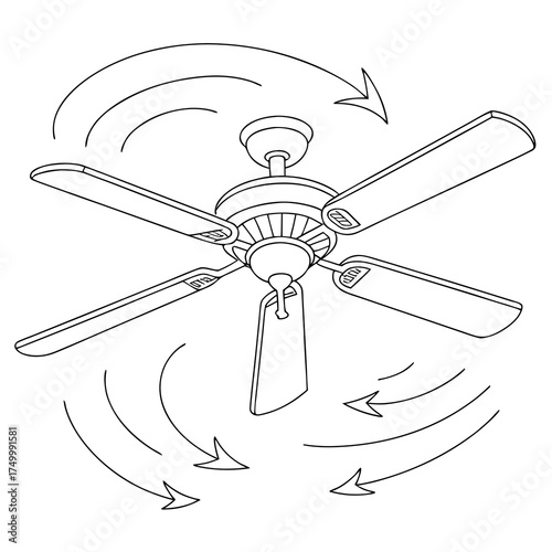 Illustration of a ceiling fan with arrows indicating airflow direction for cooling and ventilation in a room