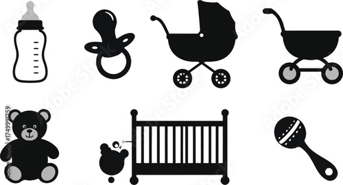Six flat black silhouettes: baby bottle, pacifier, stroller, teddy bear, crib, rattle on white background.