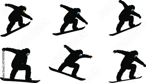 Snowboarder silhouette, mid-air trick, helmet and goggles, winter sport, dynamic pose, black figure, motion, energy, freestyle jump