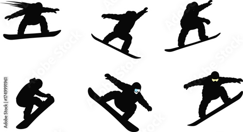 Snowboarder silhouette, aerial trick pose, freestyle jump, winter sport, colored goggles, dynamic motion, black figure, energy, action
