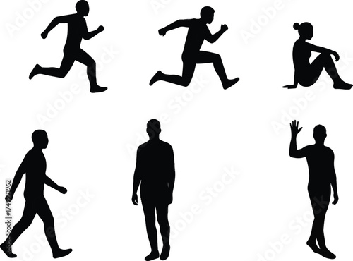 Six flat black silhouettes: person running, jumping, sitting, walking, standing, waving on white background.