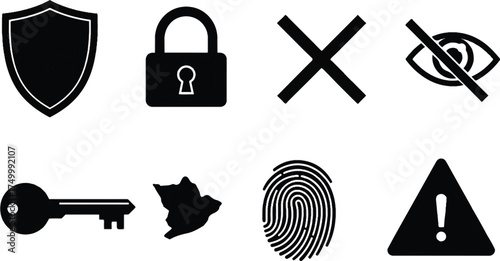 Six flat black silhouettes: shield, padlock, eye with line, key, fingerprint, warning triangle on white background.