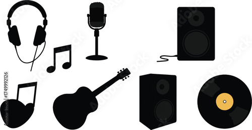Six flat black silhouettes: headphones, microphone, speaker, note, guitar, record disc on white background.