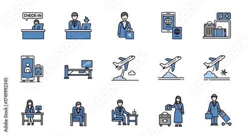 Set of icons representing airport and travel-related activities such as check-in, boarding, and luggage handling