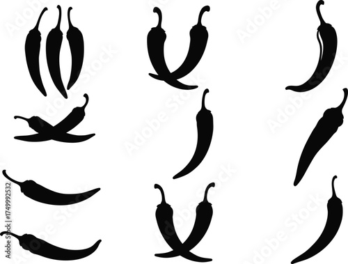 Christmas zombie chili pepper silhouettes, spicy vegetable icons, hot food design, cooking ingredient illustration, culinary spice artwork, black silhouette collection