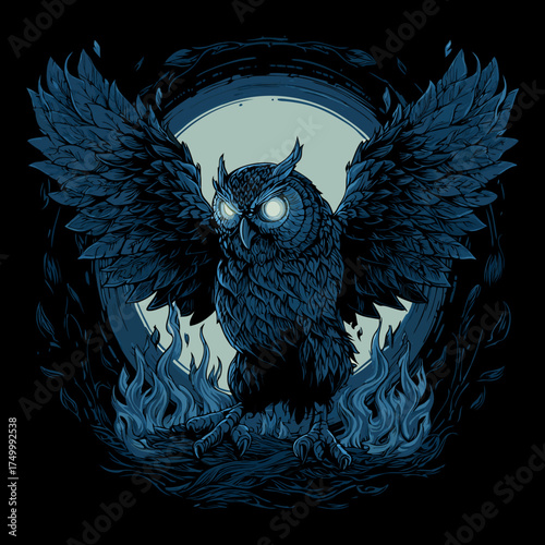 Powerful mystical owl illustration with glowing eyes, spread wings, surrounded by dark blue fire and moonlit darkness, fantasy art