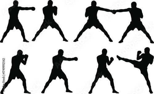 Martial arts silhouette, boxing pose, combat stance, punch and kick, black figure, training motion, fighting technique, defense action