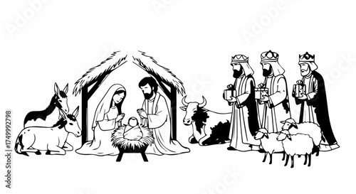 Black and White Nativity Scene Depicting the Birth of Jesus Christ with Wise Men.