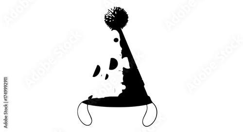 Black and White Party Hat Silhouette with Pom-Pom and String Ties.