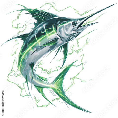 Dynamic illustration of a powerful marlin fish leaping with electric green energy glow and lightning bolt effects. Stylized aggressive deep sea game fish.