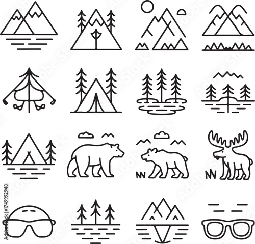 Minimalist outdoor nature adventure travel icon set collection line art