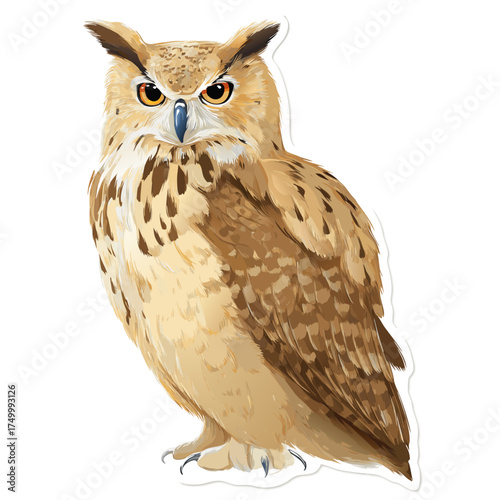 Detailed illustration of a majestic brown owl with prominent ear tufts and striking orange eyes, wise nocturnal bird artwork on white.