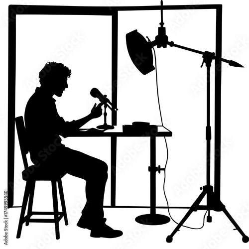 Podcaster or Voice Artist in Studio Silhouette Vector