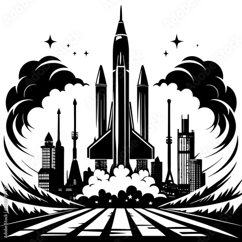 Rocket Launch with City Skyline Vector Illustration