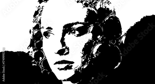 Black and White Portrait of a Woman with Curly Hair, Focused Gaze.