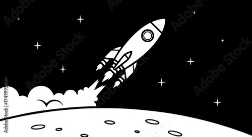 Black and White Retro Rocket Ship Launching into Space from Moon Surface.