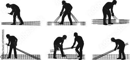 Construction workers installing rebar silhouette, concrete reinforcement labor, industrial building site, steel bar installation, teamwork safety, 