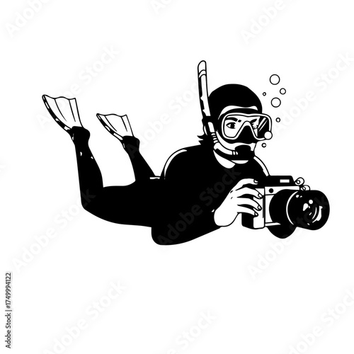 Black and White Scuba Diver with Camera Capturing Underwater Photography.
