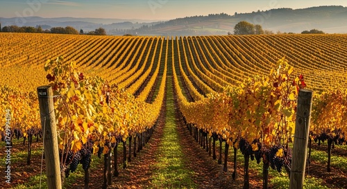 Golden Vineyard Rows Stretch Towards Rolling Hills Under Autumn Sunlight