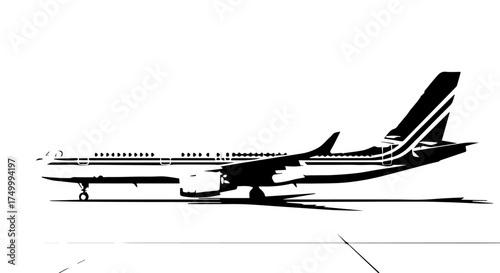 Black and White Side View Illustration of a Commercial Passenger Airplane on Ground.
