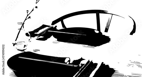 Black and White Silhouette of a Classic Vintage Car with Curved Roof.
