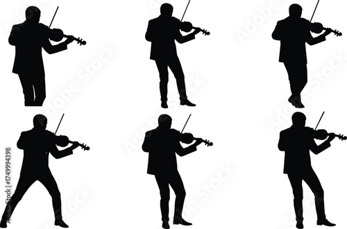 Violinist silhouette, musical pose, black figure, standing performance, bow action, classical music, expressive stance, concert scene, emotion
