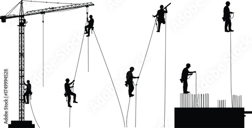 Construction workers silhouette on high rise building site, crane, safety harness, teamwork, industrial labor, urban development, rebar, rope access, engineering