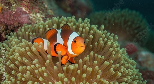 Vibrant Orange Clownfish Nestled in Soft Anemone Coral Reef Life