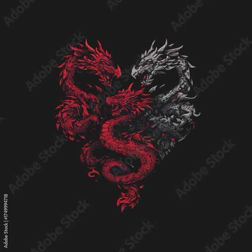 Intricate fantasy illustration of two mythical dragons, red and grey, intertwining to form a heart, symbolizing love and duality on dark background.