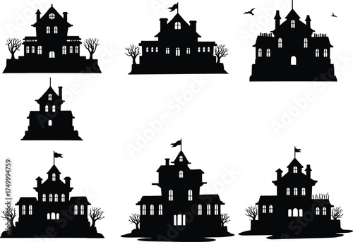 Christmas zombie haunted houses silhouette, spooky gothic architecture, bats flying, barren trees, Halloween horror theme, black white vector illustration, eerie night design