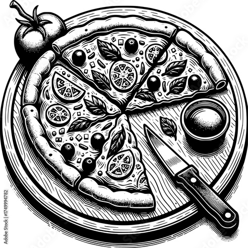 Pizza Delight: A mouthwatering pizza, artfully sliced, rests on a rustic wooden board, adorned with fresh tomatoes, olives, and fragrant basil leaves, next to a gleaming knife.