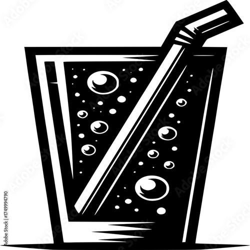 Refreshing Sip: A stylish illustration of a cool, bubbly beverage in a glass, accompanied by a straw. 