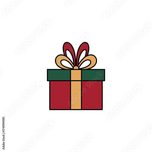 Flat design gift box vector icon with red and green ribbon for holidays.