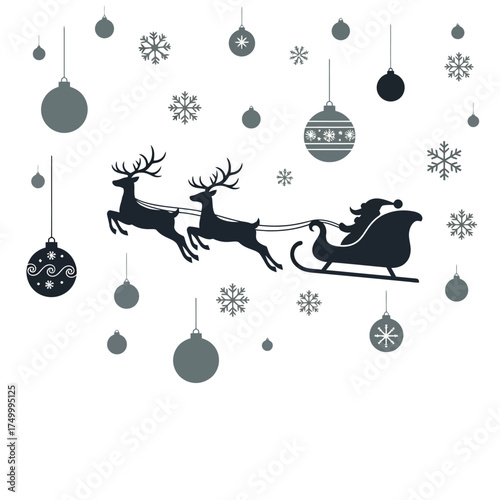 Silhouette of Santa Claus riding in a sleigh pulled by reindeer.