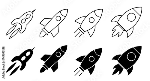 Rocket launch and Startup flat and line icons set. Spaceship symbol. Vector.