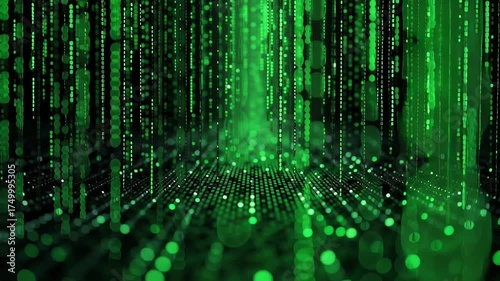 Digital green rain with glowing particles and patterns