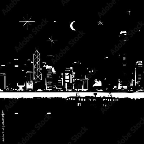 Black and White Silhouette of Hong Kong City Skyline at Night with Stars and Moon.