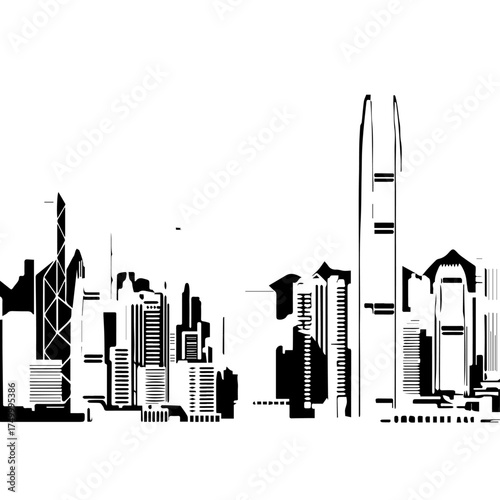Black and White Silhouette of Hong Kong City Skyline Buildings.