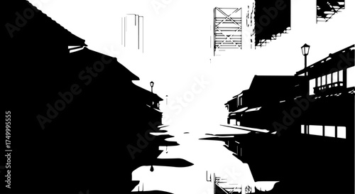 Black and White Silhouette of Traditional Japanese Street Scene with Buildings and Lanterns.