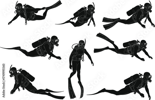 Christmas zombie scuba divers silhouettes underwater swimming, diving poses with fins, oxygen tank, snorkel gear, aquatic sport illustration, vector design