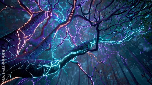 Majestic tree illuminated by colorful lightning in dark forest