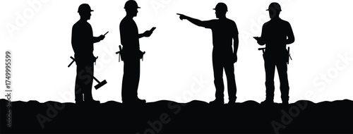 Construction workers silhouette, team at job site, hard hats, tools, teamwork, communication, safety, planning, blueprints, mobile use, coordination.